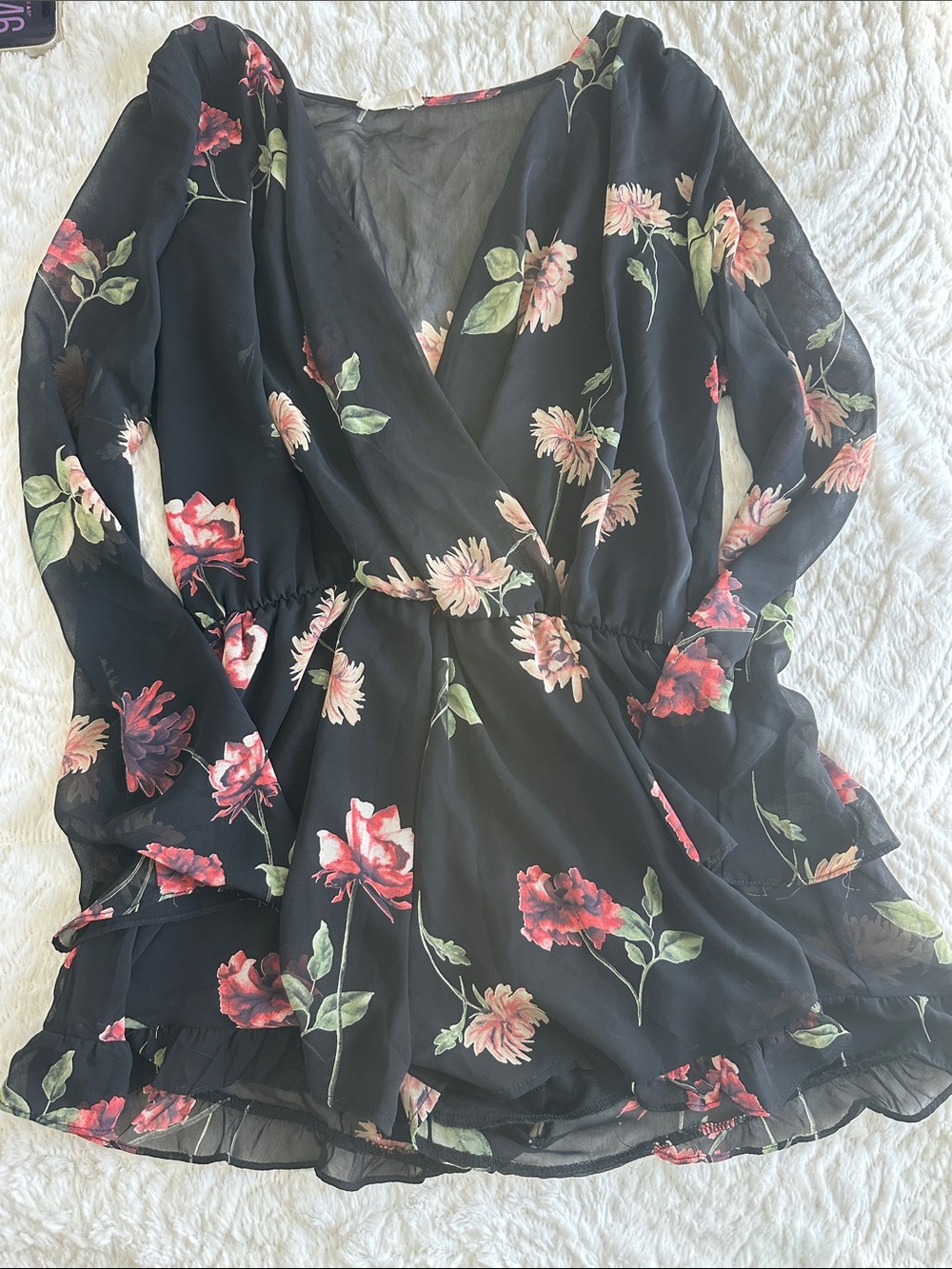 Altar'd State Black Floral Long-Sleeve Wrap Dress